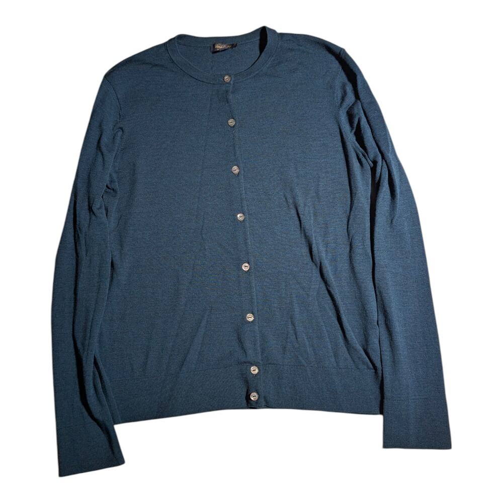 Brooks Brothers Teal Blue Merino Saxxon Wool Button Up Crew Neck Cardigan Sz L